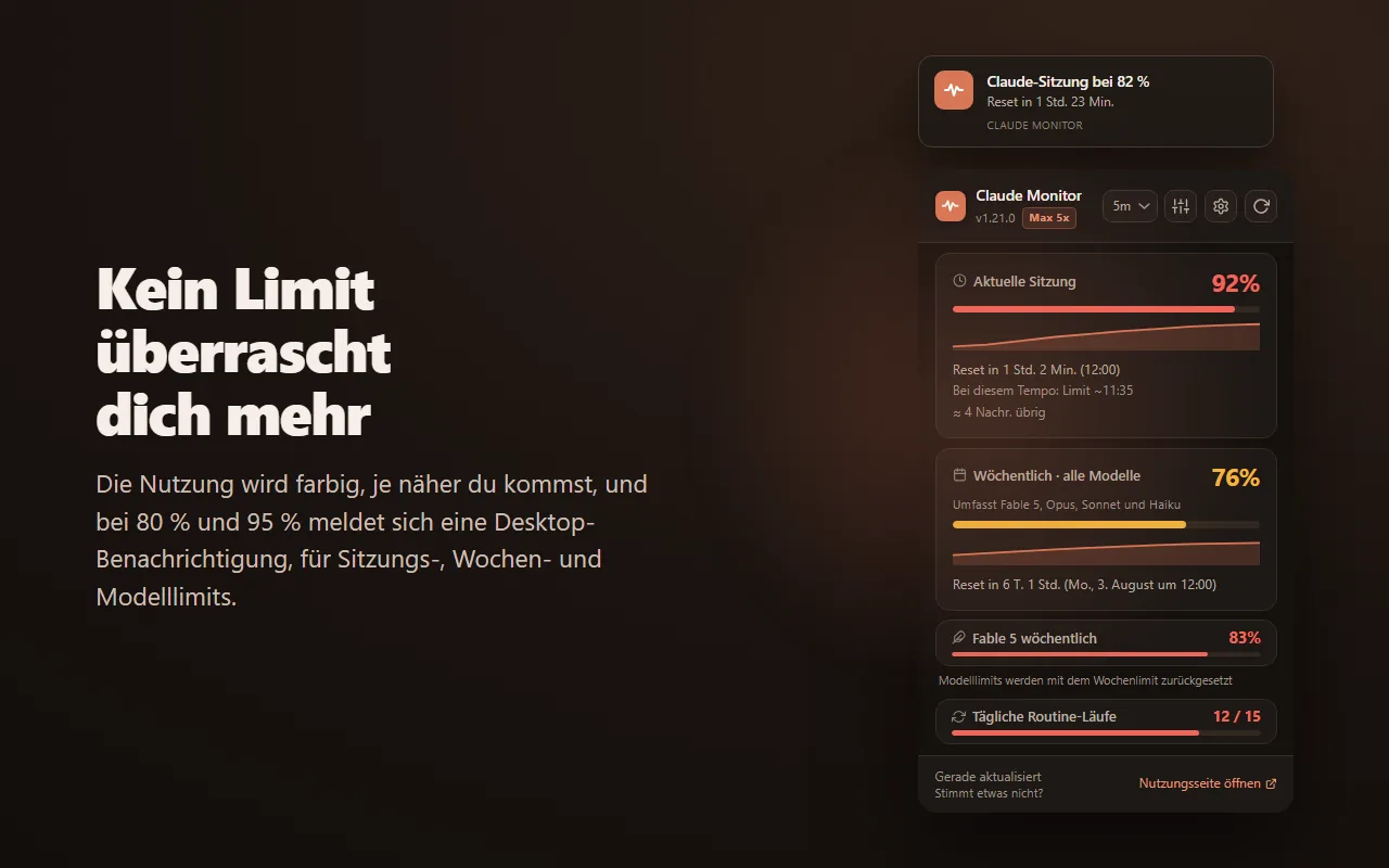 Desktop-Warnung und farbcodierte Nutzung nahe an einem Limit