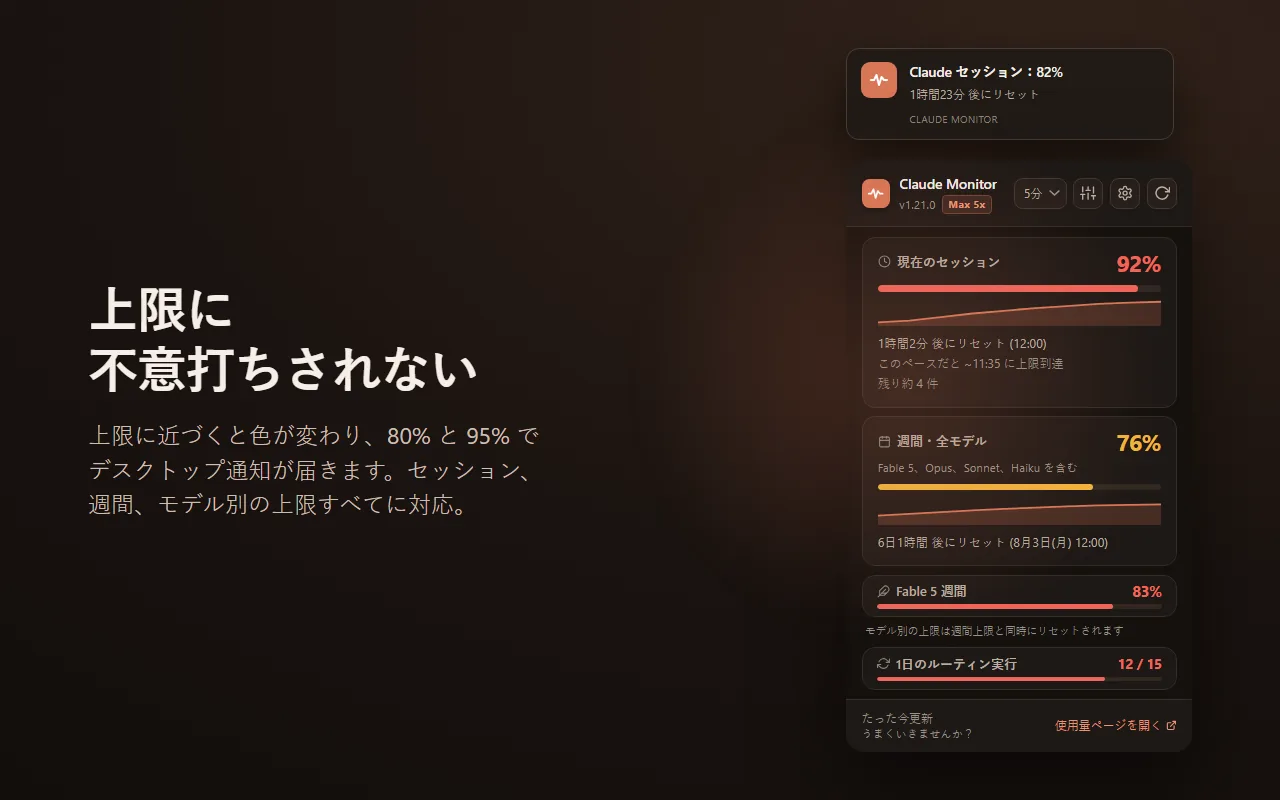 上限が近いときのデスクトップ通知と、色分けされた使用量