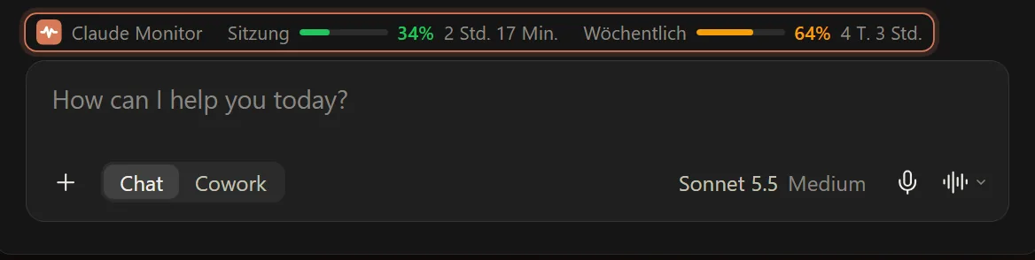 Chatfeld von claude.ai mit der Claude-Monitor-Leiste darüber: Sitzung 34 %, Reset in 2 Std. 17 Min., und Wöchentlich 64 %, Reset in 4 T. 3 Std.
