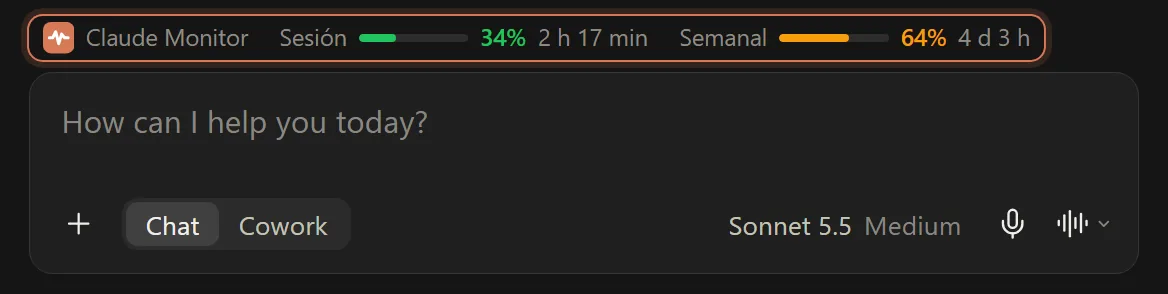 Cuadro de chat de claude.ai con la barra de Claude Monitor encima: sesión al 34%, se reinicia en 2 h 17 min, y semanal al 64%, se reinicia en 4 d 3 h
