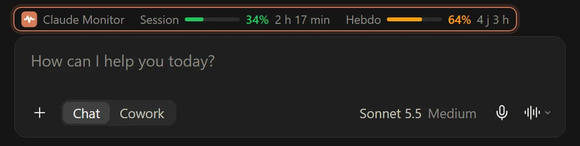 Zone de chat de claude.ai avec la barre Claude Monitor au-dessus, qui affiche Session 34 %, réinitialisation dans 2 h 17 min, et Hebdo 64 %, réinitialisation dans 4 j 3 h