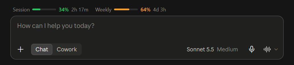 claude.ai chat box with the Claude Monitor bar above it showing session and weekly usage with reset times